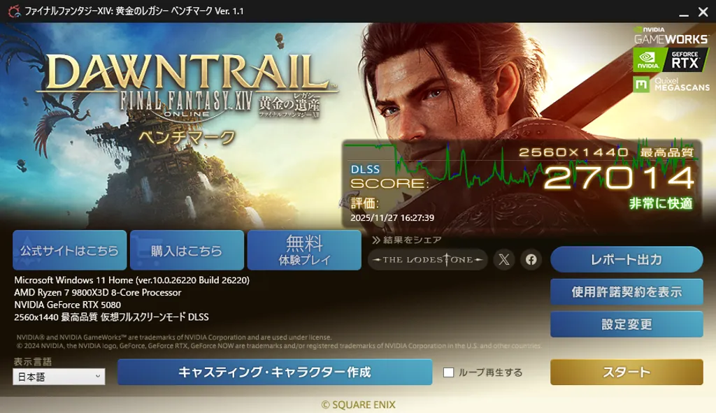 デフォルト設定のRTX 5080でのFF14黄金のレガシーベンチマークの結果
