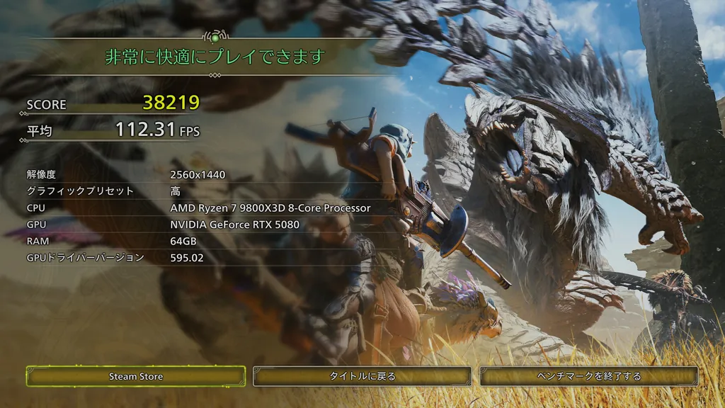 デフォルト設定のRTX 5080でのMHWildsベンチマークの結果